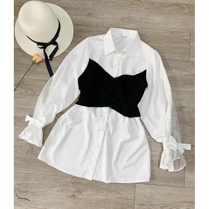 ÁO SƠMI GIẤU QUẦN LIỀN DOUBLE SHIRT DÁNG DÀi TAY ĐẮP CHÉO CỘT NƠ ĐEN PHÍA SAU | BigBuy360 - bigbuy360.vn