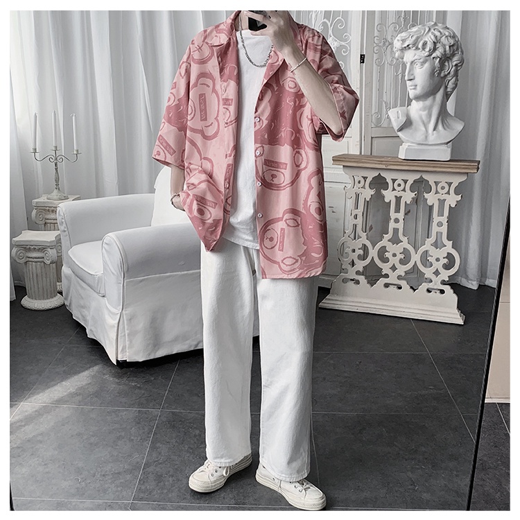 Áo Sơ Mi Cotton Tay Ngắn Dáng Rộng In Hình Gấu Thời Trang Phong Cách Hip Hop Hàn Quốc Cho Nam Size M-3Xl 3 Màu Tùy Chọn | BigBuy360 - bigbuy360.vn