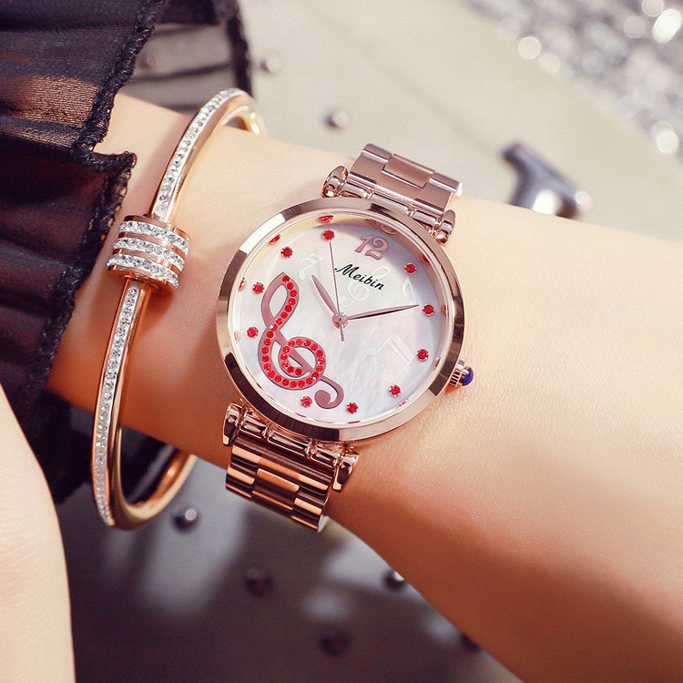Đồng hồ thời trang nữ, đồng hồ chính hãng MEIBIN nốt nhạc, mặt tròn đính đá Ruby cực kỳ cao cấp, sang chảnh
