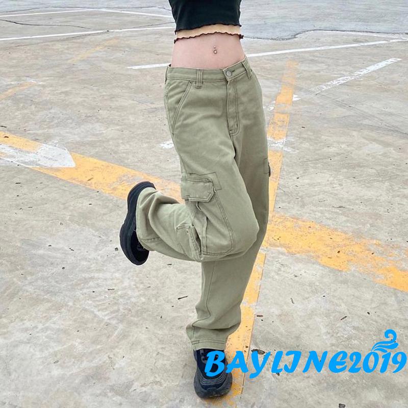 Bay-quần Jean Túi Hộp Lưng Vừa Dáng Rộng Màu Trơn Đơn Giản Với Nhiều Túi Màu Xanh Lá Cây Dành Cho Bạn Nữ
