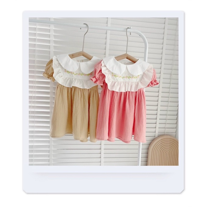 Váy hè cộc tay chất xô phối thêu ngực-chất mát thấm mồ hôi cho bé gái 8-19kg