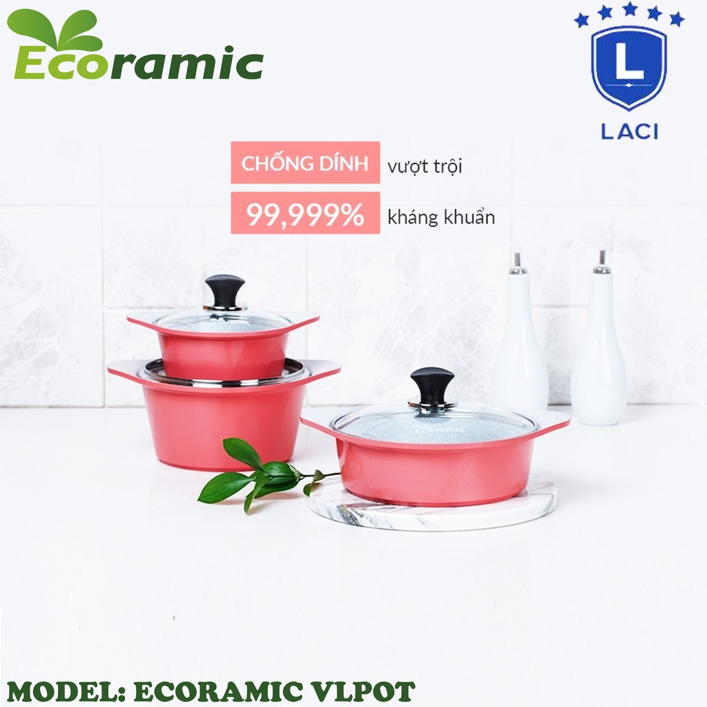 Bộ 3 Nồi Đá Đáy Từ V-Line Ecoramic Hàn Quốc VPLOT Kích thước 20-22-24 Cm | Nồi màu hồng | Cam Kết Chính Hãng