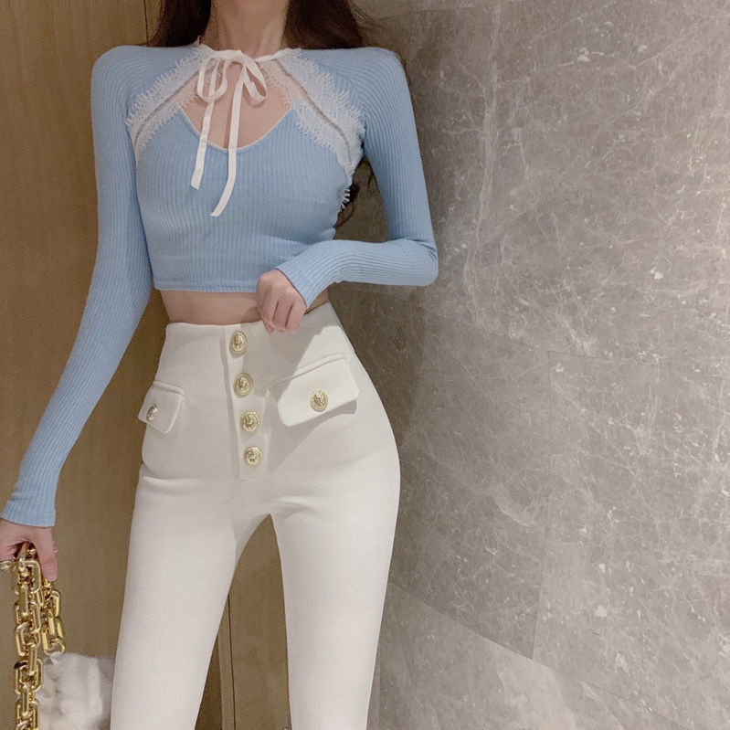 COZOK Áo Sweater Tay Dài Dáng Ôm Phối Ren Quyến Rũ Cho Nữ