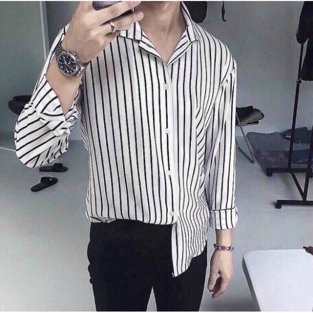 Ao sơ mi nam nữ sọc đen trắng áo sơ mi unisex vải êm bền đẹp chống xù (SHOP BÁN TÌNH YÊU CHO NÀNG VÀ CHÀNG)  ༷