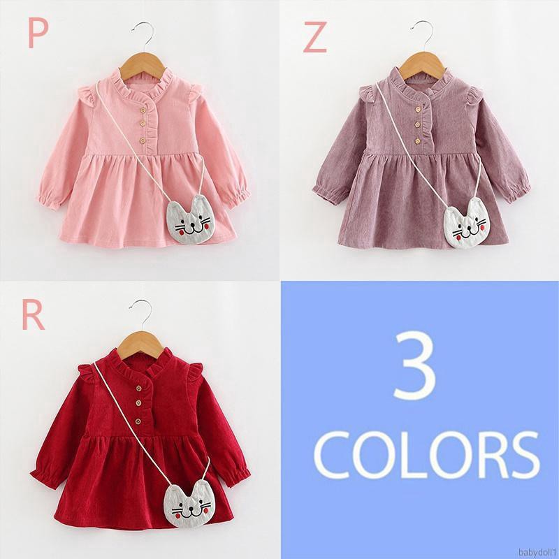 Đầm thun dài tay màu trơn kèm túi đeo chéo thời trang cho bé