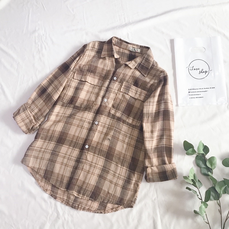 LOVI SHOP- Áo sơ mi kẻ ô caro tay dài 2 túi nắp