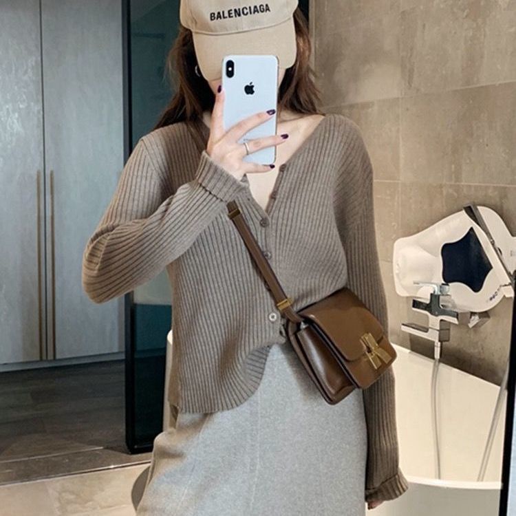 Áo cardigan dệt kim dài tay cổ chữ V thời trang thu đông mới năm 2023