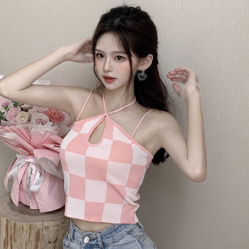 Áo croptop dệt kim hai dây họa tiết kẻ sọc caro thời trang phong cách Hàn Quốc | BigBuy360 - bigbuy360.vn