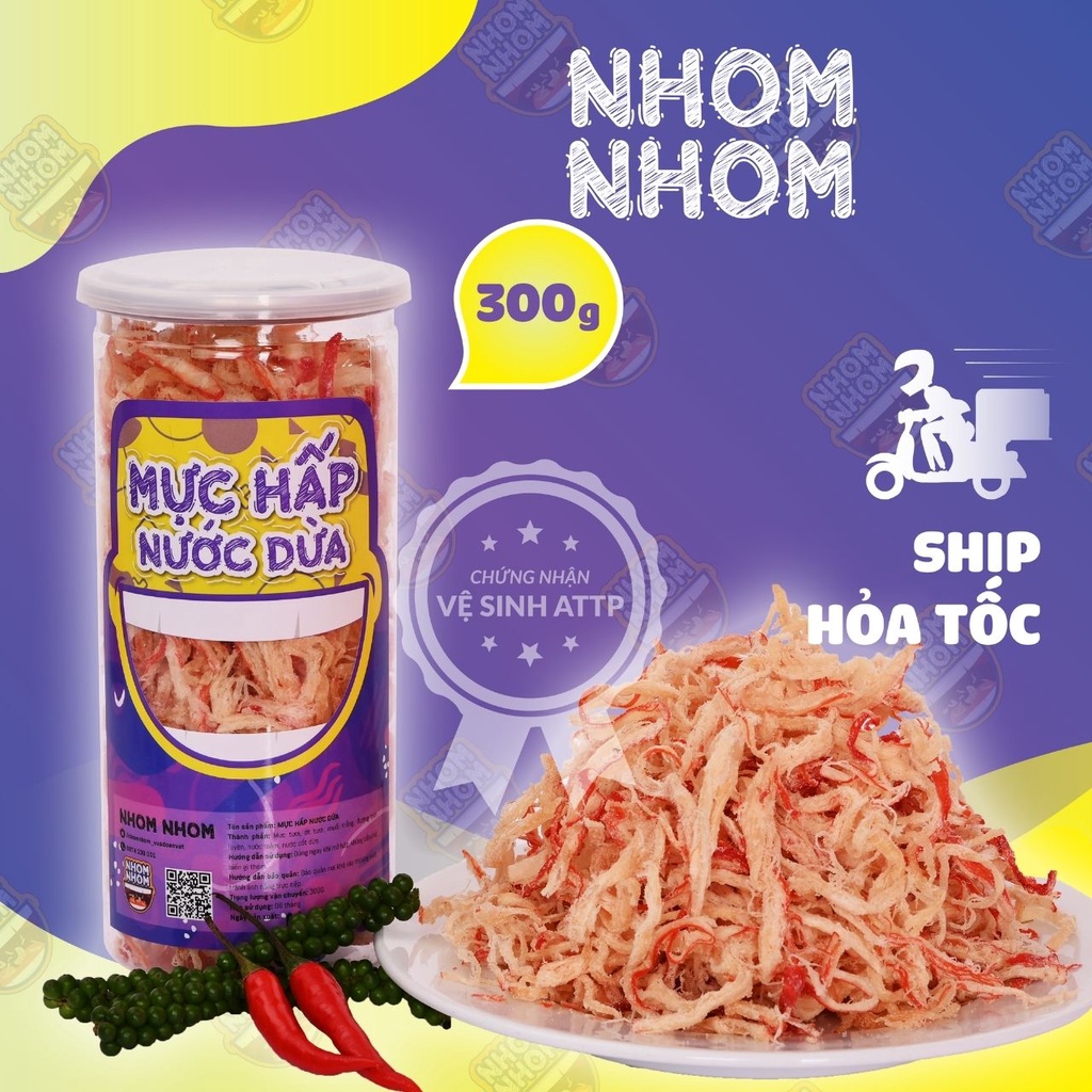 Khô Mực Hấp Dừa NHOMNHOM 300g-Ăn Vặt Việt Nam-Sợi Mực Ngon Dai Thơm Mùi Nước Dừa -Ngon Bổ Rẻ Hoả Tốc-An Toàn Thực Phẩm