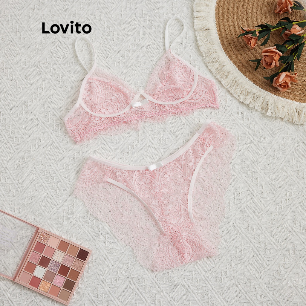 Set quần lót và áo ngực Lovito vải xuyên thấu ghép nối màu sắc phối ren sexy không có miếng đệm L17X447 (hồng/đen)