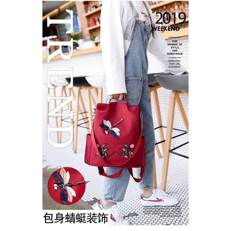 Balo Thời Trang Nữ 3D Thêu Chuồn Chuồn Vải Oxford Dày Dặn Chống Nước Chống Trộm #B613