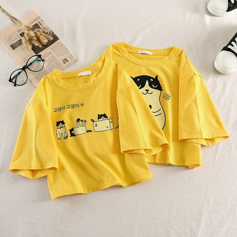 Áo thun croptop hình mèo kèm họa tiết hoa cúc - Sỉ lẻ áo croptop