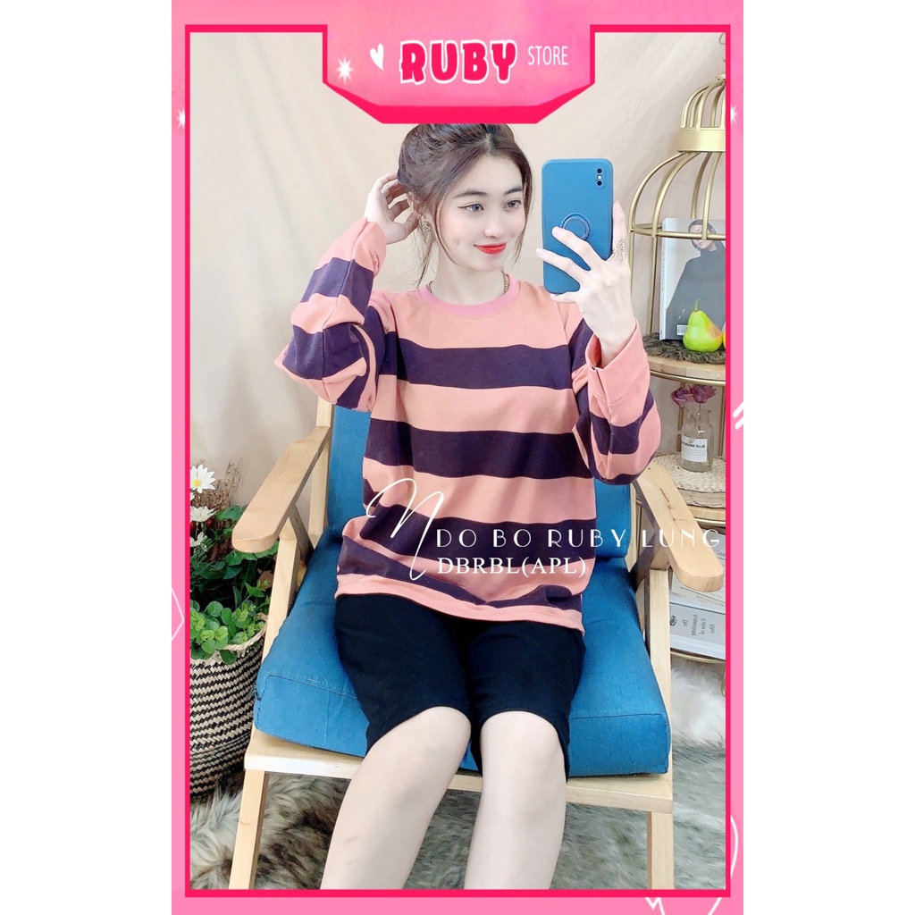 Đồ bộ thun lửng tay dài phối sọc dễ thương chất thun mềm mát DBRBLCT