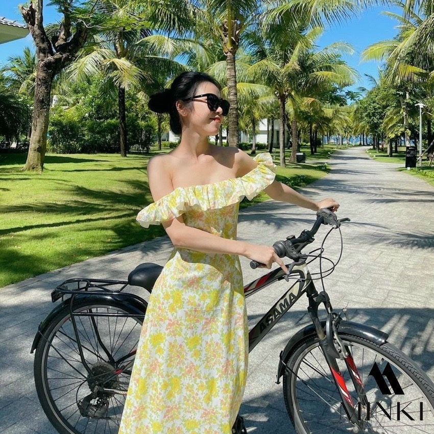 ĐẦM HOA VÀNG TRỄ VAI - CHẤT LIỆU CAO CẤP - MÀU VÀNG TIỂU THƯ