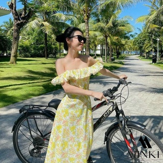 Đầm hoa vàng trễ vai - chất liệu cao cấp - màu vàng tiểu thư