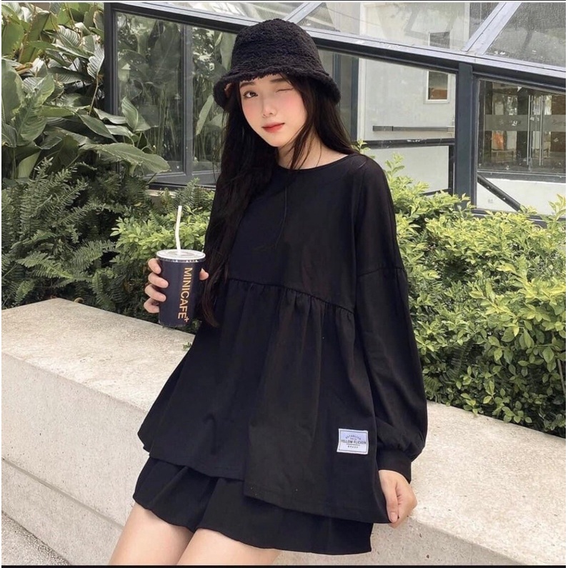 ÁO BABYDOLL THÊU LOGO Tay dài Form rộng chất vải thun cotton thoáng mát dáng babydoll tiểu thư phong cách hàn quốc