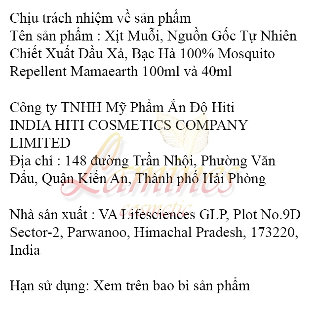 Xịt Muỗi, Nguồn Gốc Tự Nhiên Chiết Xuất Dầu Xả, Bạc Hà 100% Mosquito Repellent Mamaearth 100ml và 40ml