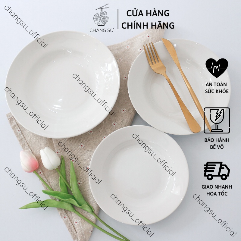Set dĩa sứ trắng trọn bộ 3 đĩa tròn sâu lòng hiện đại - Vỡ 1 đổi 1