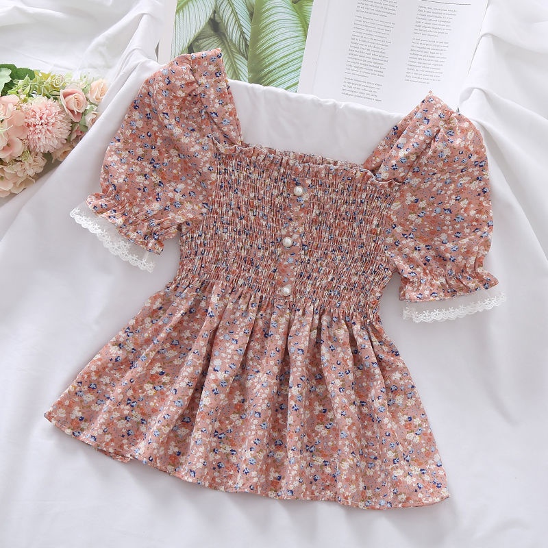 Áo chiffon cổ vuông phối ren họa tiết hoa ngọt ngào thời trang mùa hè Hàn Quốc 2021 thanh lịch