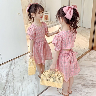 Girls' Dress Middle and Big Children's Summer Little Girl Skirt New Korean Style Children's Plaid Short Sleeve Princess Dress LjFf