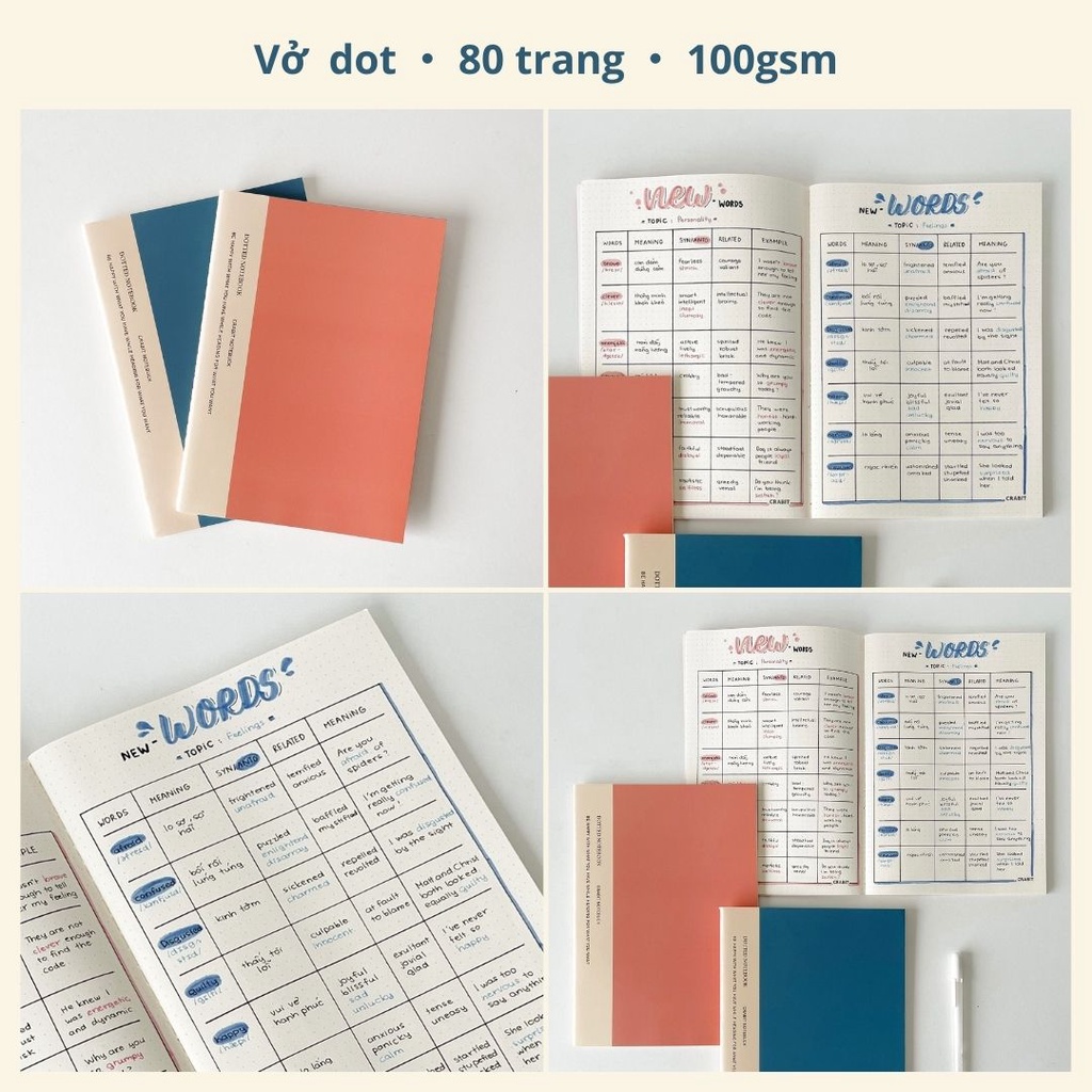Vở may gáy 80 trang Crabit kẻ ngang dot grid cornell whiteline 100gsm vở học toán