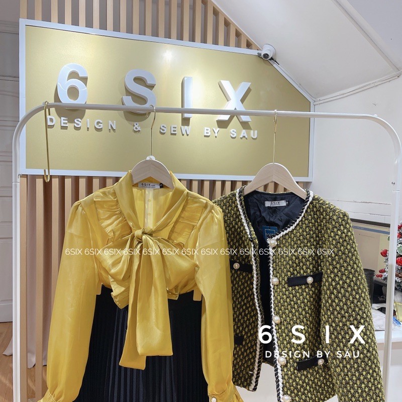 Áo Khoác dạ tweed vàng cổ tròn thời trang công sở 6SIX closet