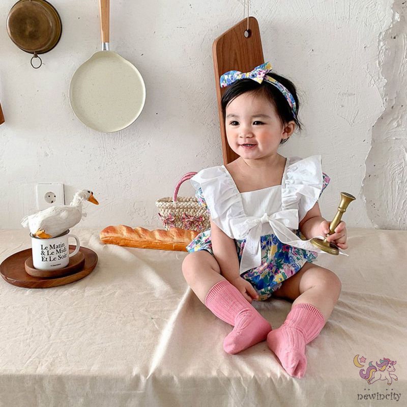 Bộ Áo Liền Quần Tay Ngắn Cổ Búp Bê Phối Bèo In Hoa Dễ Thương Phong Cách Hàn Quốc Cho Bé Gái