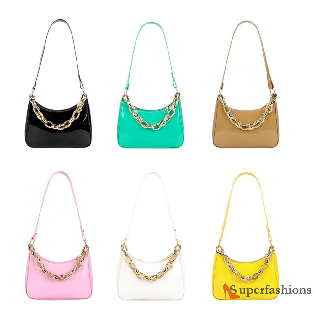 【Hot Sale】Fashion Women PU Pure Color Underarm Bag Thick Chain Small Hobos Handbags
