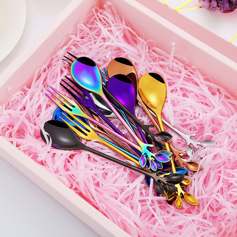 Muỗng cà phê bằng thép không gỉ thiết kế hình nhánh lá nhiều màu sắc độc đáo
