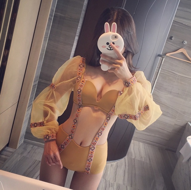 Bikini liền , đồ bơi nữ 1 mảnh tay bo voan thổ cẩm