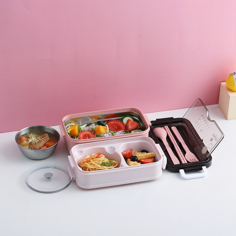 Hộp Đựng Cơm Inox 2 tầng 2 ngăn + Có Chén Soup và Khay INOX 304