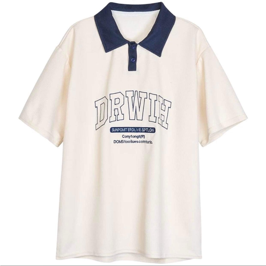 Áo thun POLO Xốp nữ Màu Be tay lỡ có cổ phông form rộng freesize unisex mặc đi học, cặp, nhóm, lớp thêu hình DỄ THƯƠNG
