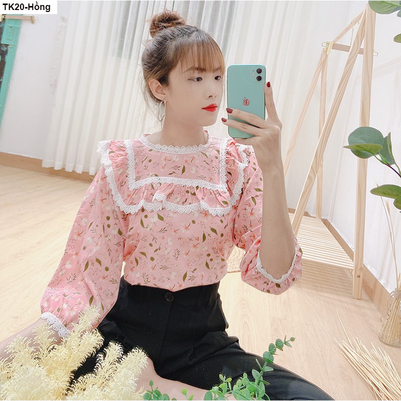 TK20- Áo hoa tay lỡ viền ren xinh