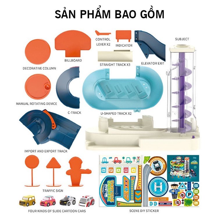 Đồ chơi mô phỏng bãi đỗ xe ô tô 3 tầng kèm 4 xe cho bé phiên bản mới, chất liệu nhựa ABS cao cấp