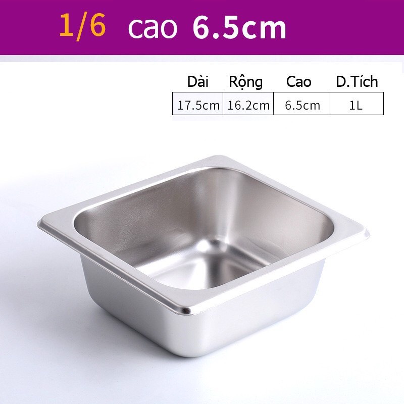 Khay inox GN 1/6, khay inox 304 đựng thực phẩm, thạch topping bán trà sữa size 1/6
