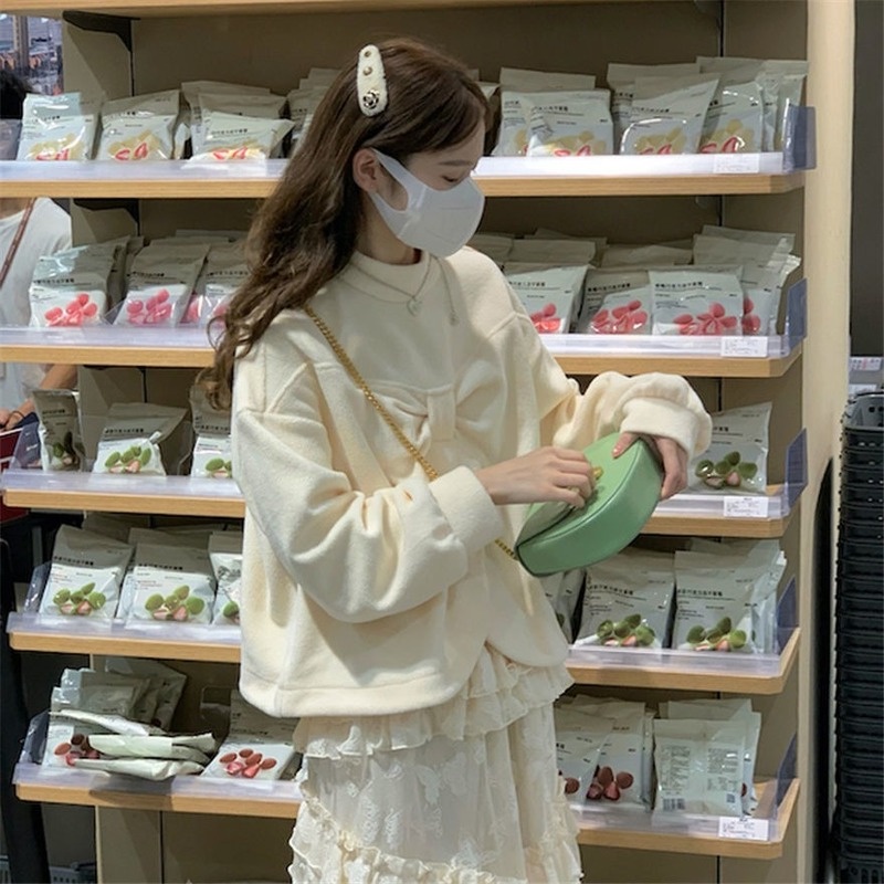 Áo Nỉ Dày Tay Dài Thắt Nơ Thời Trang Thu Đông Cho Nữ