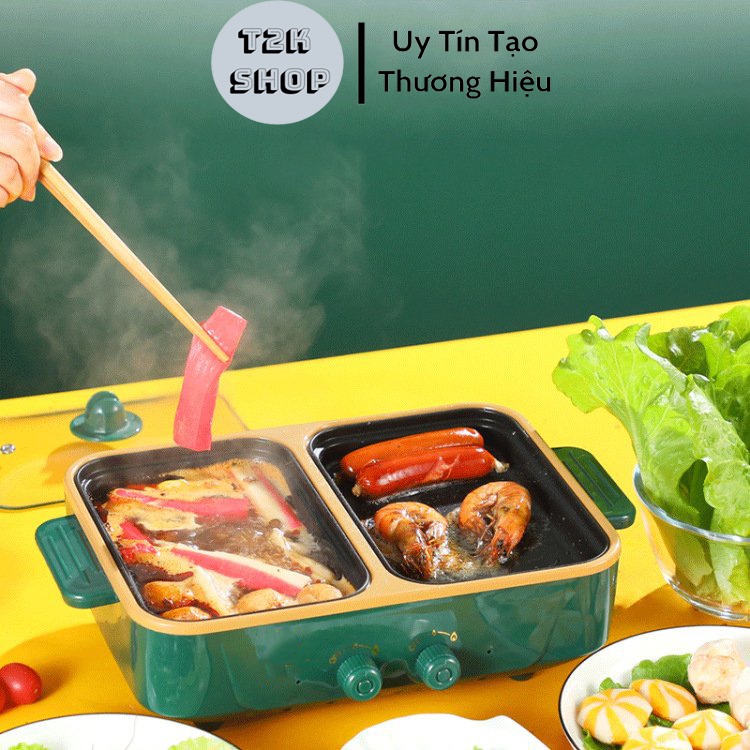 Bếp Lẩu Nướng Điện Mini 2 Nấc Nhiệt - Nồi Lẩu Nướng 2 Ngăn Tách Rời Chống Dính Không Khói - T2K Shop