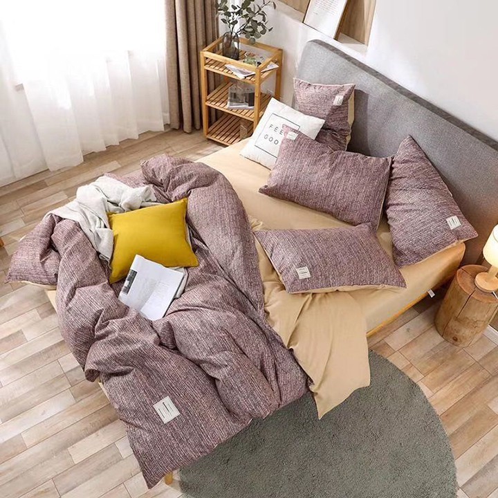 Bộ chăn ga gối , drap giường chất vải COTTON TC họa tiết xước nâu