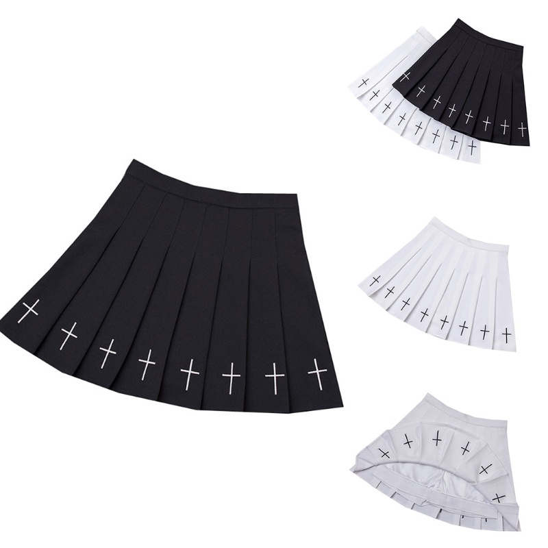 Chân Váy Mini Lưng Cao Thêu Chữ Thập Phong Cách Gothic Punk Cho Nữ
