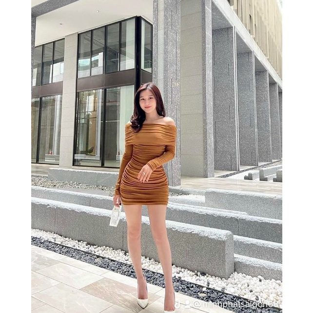 Đầm váy nữ body nhũ nhún bẹt vai nâu đen