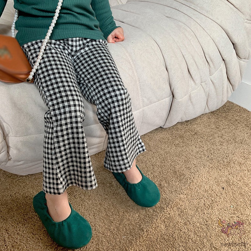 Quần Dài Ống Loe Họa Tiết Sọc Caro Phong Cách Retro Hàn Quốc Cho Bé Gái