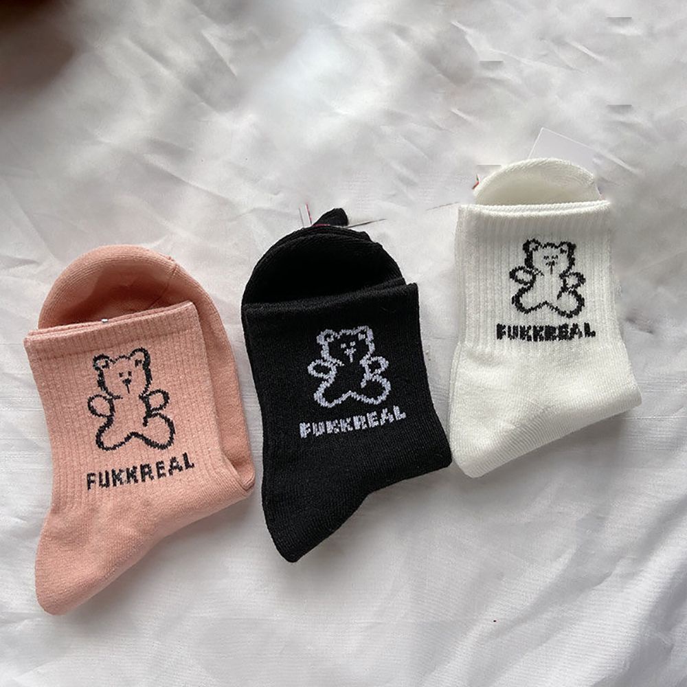 Vớ cổ trung co giãn họa tiết gấu dễ thương phong cách Harajuku Hàn Quốc cho nữ