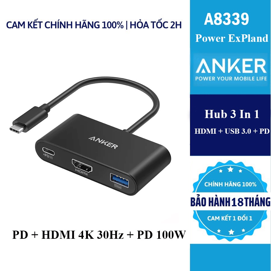 Đầu chuyển Hub Anker PowerExpand 3in1 USB C ra HDMI + PD 100W + USB3.0 Chia Cổng Đa Năng - A8339