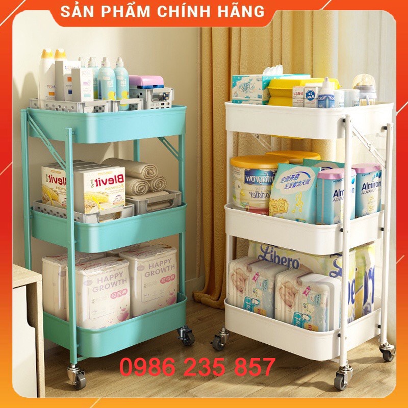 Kệ sắt 3 Tầng Đa Năng Có Bánh Xe, đựng đồ bỉm sữa cho mẹ và bé.