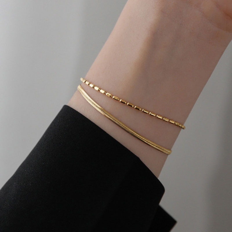 Vòng Tay Hai Lớp Bằng Thép Titan Mạ Vàng 18k Cao Cấp Không Phai Màu Thời Trang Nhật Hàn Cho Nữ