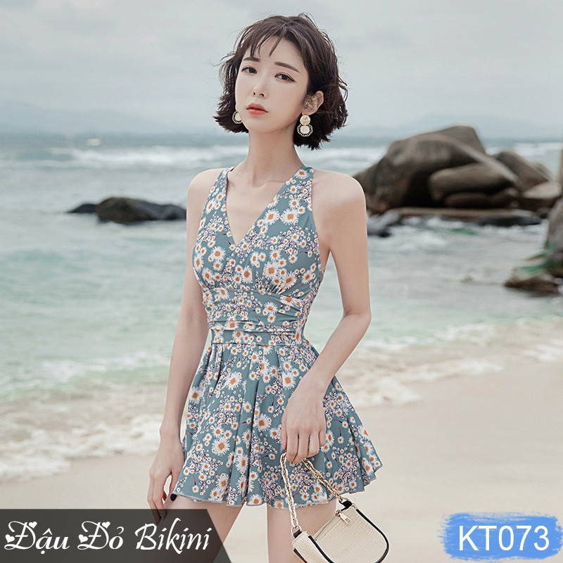 Đồ bơi liền thân nữ cao cấp, dáng váy lưng trần đan dây sexy, gam màu vintage xinh xắn, chất thun bơi lạnh đẹp | KT073