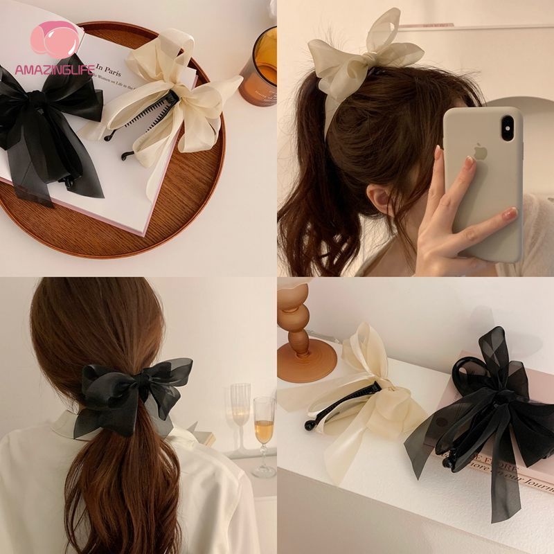 Kẹp Tóc / Kẹp Tóc Đuôi Ngựa Dạng Lưới Chiffon Đính Nơ Lớn Thanh Lịch
