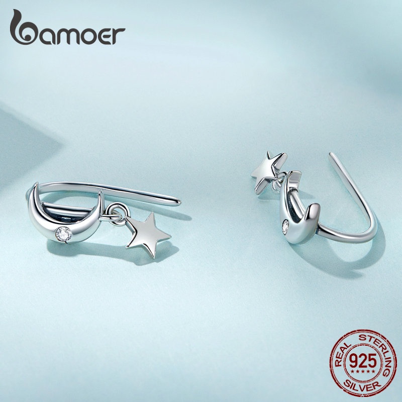 BAMOER Bông Tai bạc 925 HìNh MặT Trăng Ngôi Sao ThờI Trang