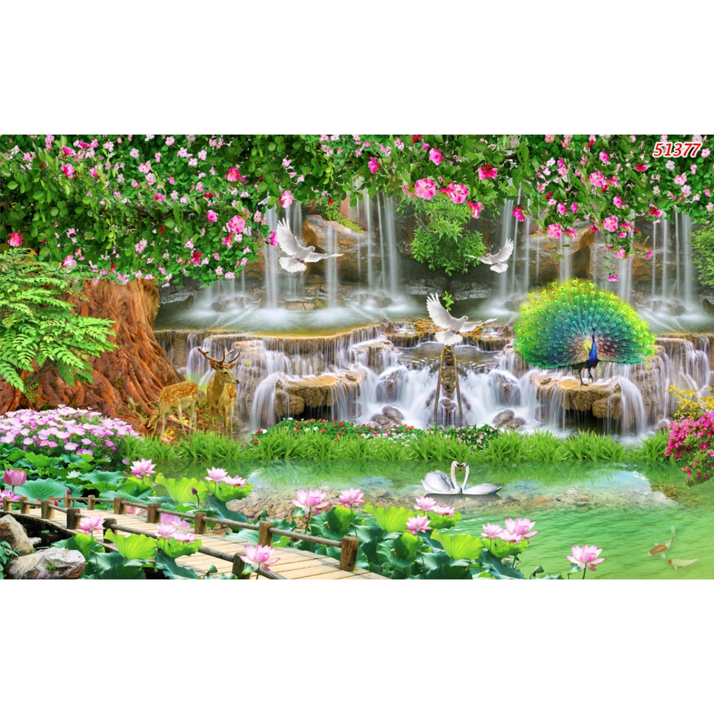 Tranh dán tường 3d thác nước rừng cây thiên nhiên, chất liệu chống thấm nước, không lo phai màu