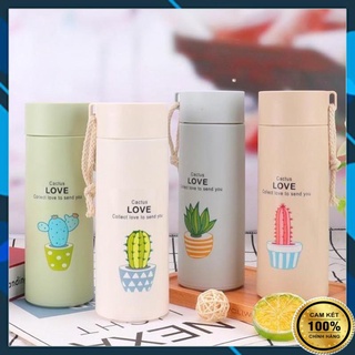 Bình đựng nước lõi thủy tinh họa tiết xương rồng dễ thương dung tích 450ml, Bình đựng nước thủy tinh cho học sinh